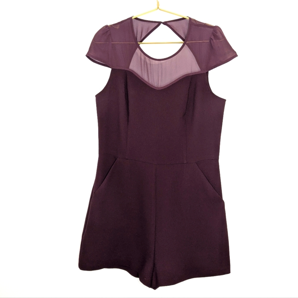 BCBGeneration Size 12 Burgundy Sheer‎ Sleeve Romper w/ Pockets